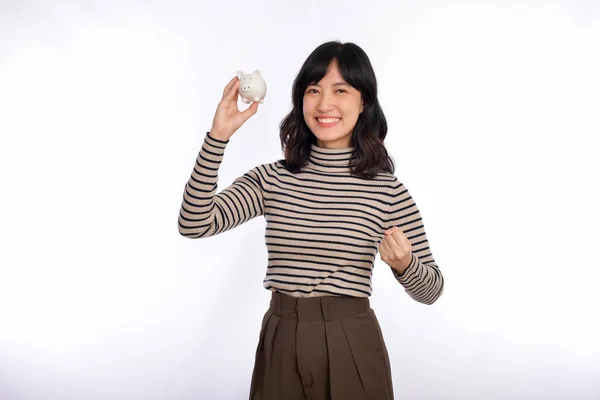 Portrait Young Asian Woman Holding White Piggy Bank Isolated White — Foto Stock