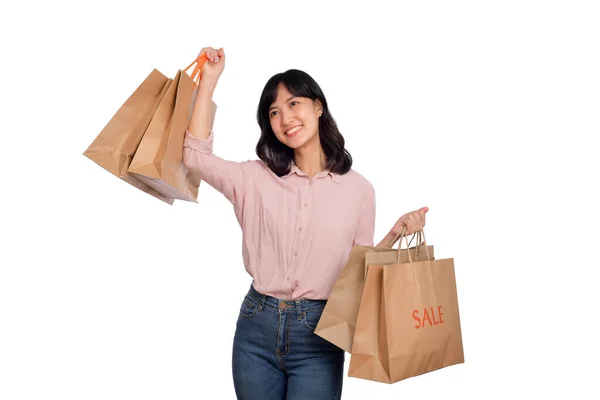 Young Happy Asian Woman Casual Shirt Denim Jeans Holding Shopping — Stock Photo, Image