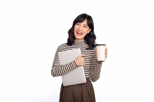 Beautiful Young Asian Woman Sweater Clothing Holding Laptop Computer Coffee — Stok fotoğraf