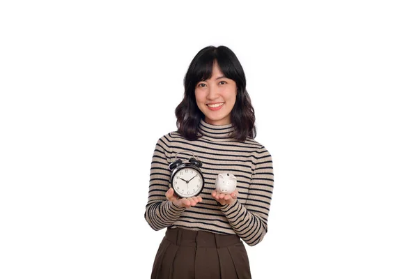 Happy Asian Woman Sweater Shirt Holding Alarm Clock Piggy Bank — Stock Photo, Image