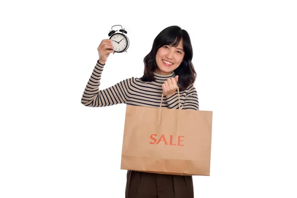 Portrait Happy Young Asian Woman Sweater Shirt Holding Alarm Clock — Stock Photo, Image