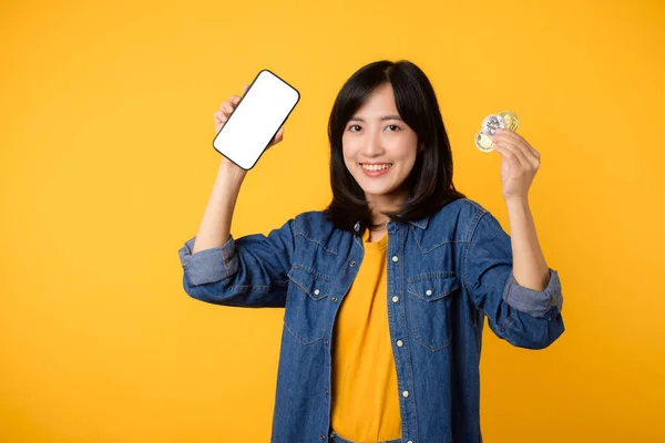 Szczęśliwa Azjatycka Młoda Kobieta Żółtej Koszulce Dżinsowej Cyfrową Monetą Crypto — Zdjęcie stockowe