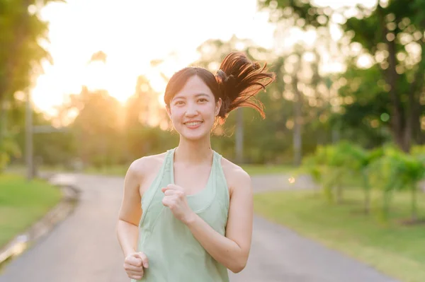 Fit Young Asian Woman Jogging Park Smiling Happy Running Enjoying — Stock Photo, Image