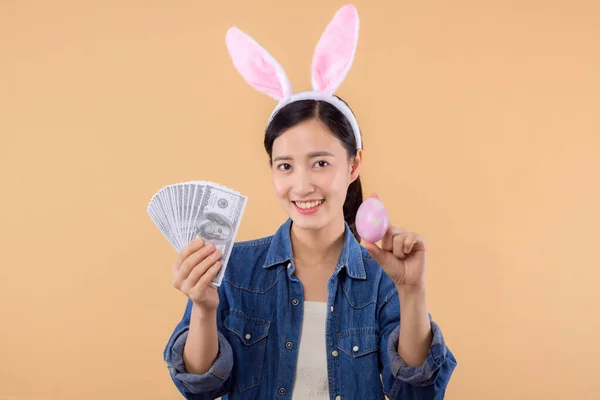 Portrait Asian Young Woman Wearing Denim Clothes Bunny Rabbit Ears — Stock Photo, Image