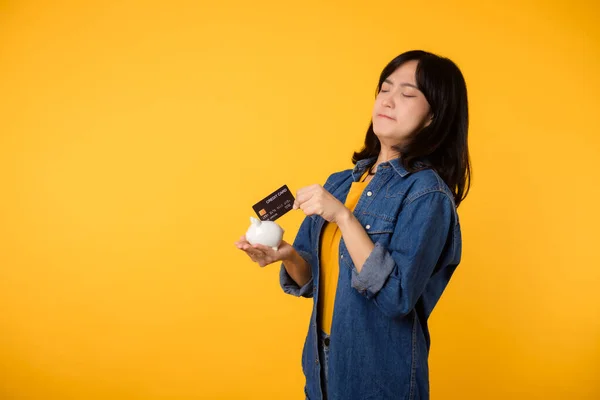 Unhappy Young Asian Woman Wearing Yellow Shirt Denim Shirt Pulling — Stock Photo, Image