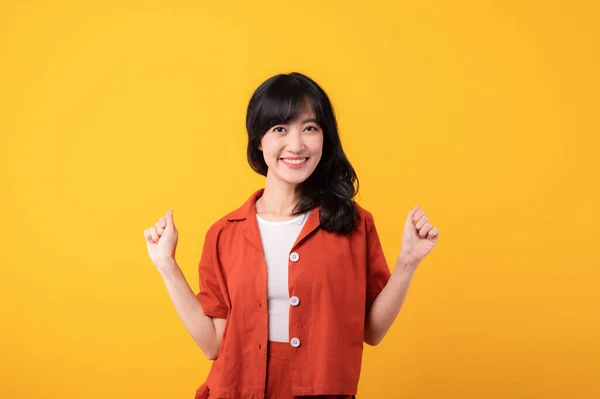 Portrait Beautiful Young Asian Woman Happy Smile Dressed Orange Clothes — Stock Photo, Image
