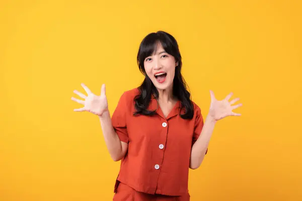 Portrait Beautiful Young Asian Woman Happy Smile Dressed Orange Clothes — Stock Photo, Image