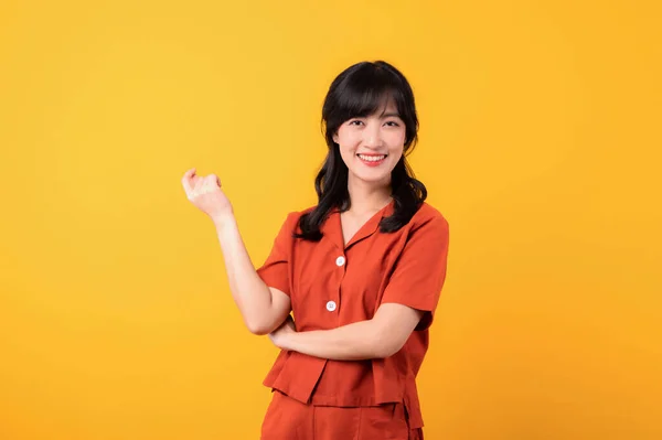 Portrait Young Thoughtful Beautiful Asian Woman Happy Smile Dressed Orange — Stock Photo, Image