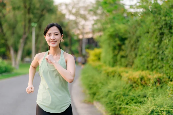 Fit Young Asian Woman Jogging Park Smiling Happy Running Enjoying — Stock Photo, Image