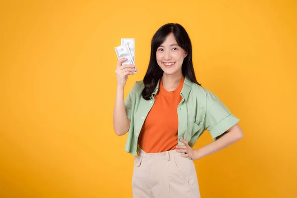 Happy Young Asian Woman 30S Wearing Orange Shirt Green Jumper — Stock Photo, Image