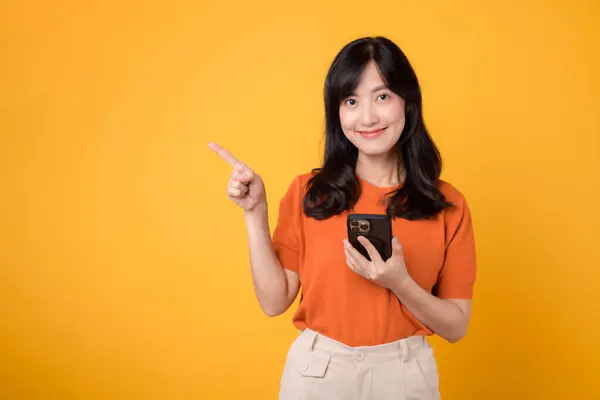 Feel Joy Young Asian Woman 30S Donning Orange Shirt Pointing — Stock Photo, Image
