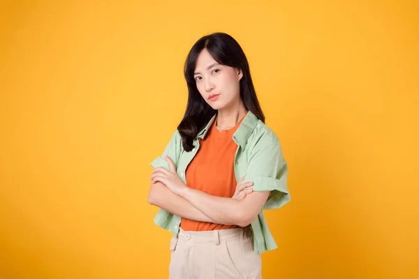 Confidence Angry Young 30S Asian Woman Wearing Orange Shirt Her — Stock Photo, Image