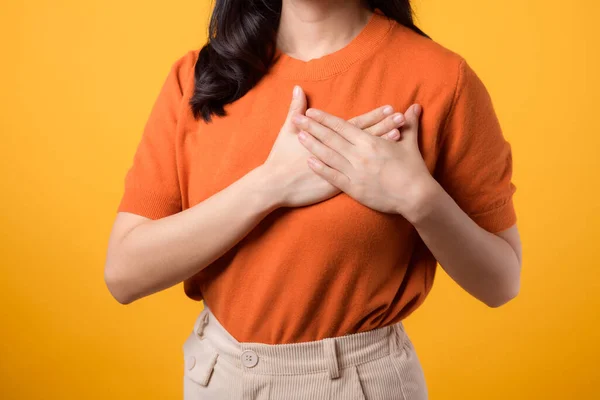 Close Elegant Asian Woman 30S Wearing Orange Shirt Holds Hands — Stock Photo, Image