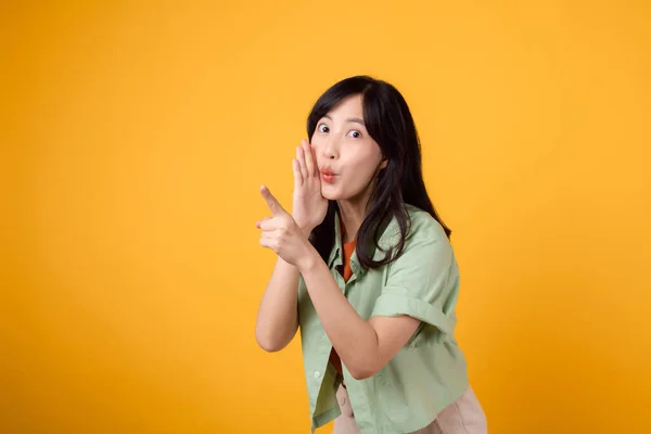 Capture Engagement Excitement Young Asian Woman Wears Pastel Green Shirt — Stock Photo, Image