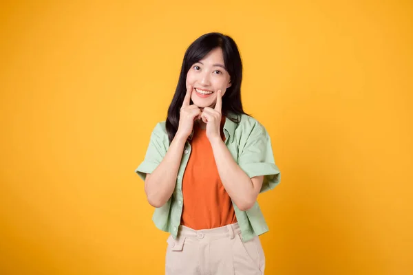 Dental Wellness Cheerful Young 30S Asian Woman Elegantly Attired Orange — Stock Photo, Image