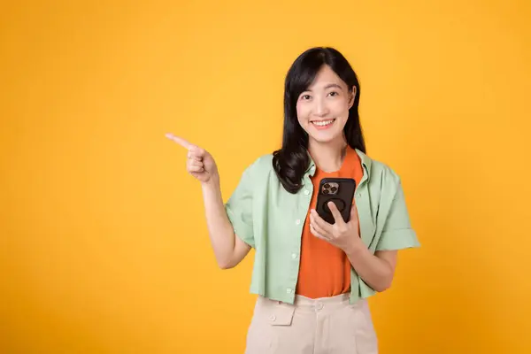 Digital Era Come Alive Young 30S Asian Woman Wearing Orange — Stock Photo, Image