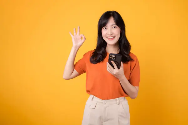 Radiate Happiness Young Asian Woman 30S Dressed Orange Shirt Showing — Stock Photo, Image