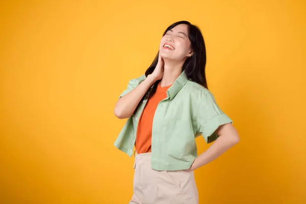 Positivity Happiness Well Being Cheerful Young Asian Woman 30S Wearing — Stock Photo, Image