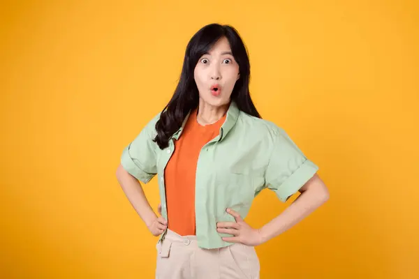 Expressive Surprising Young 30S Asian Woman Wearing Green Shirt Orange — Stock Photo, Image