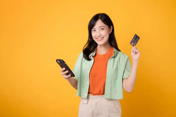 Excitement Online Shopping Cheerful Young 30S Asian Woman Wearing Orange — Stock Photo, Image