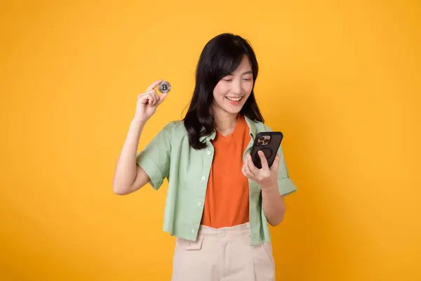 Embrace Future Finance Young 30S Asian Woman Wearing Orange Shirt — Stock Photo, Image