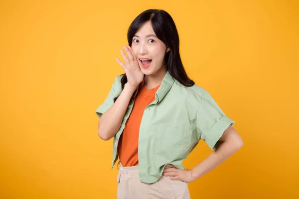Vibrant Image Young 30S Asian Woman Wearing Green Shirt Orange — Stock Photo, Image