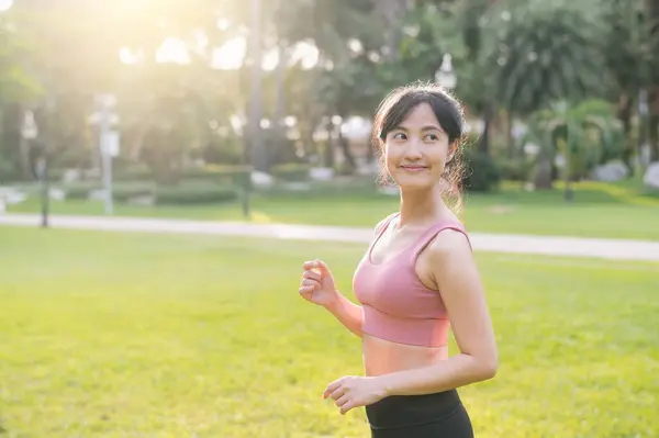 Experience Joy Wellness Living Happy Beautiful Asian Woman 30S Park — Stock Photo, Image