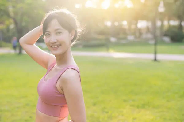 Happy Female Jogger Young Beautiful Asian Woman 30S Looking Camera — Stock Photo, Image