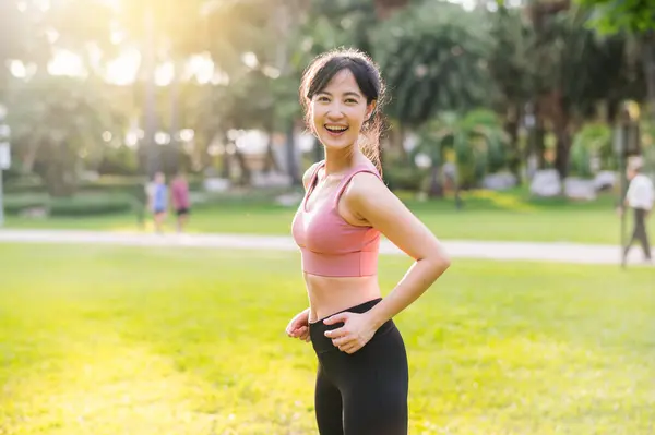 Experience Joy Wellness Living Happy Asian Woman 30S Smiles Camera — Stock Photo, Image