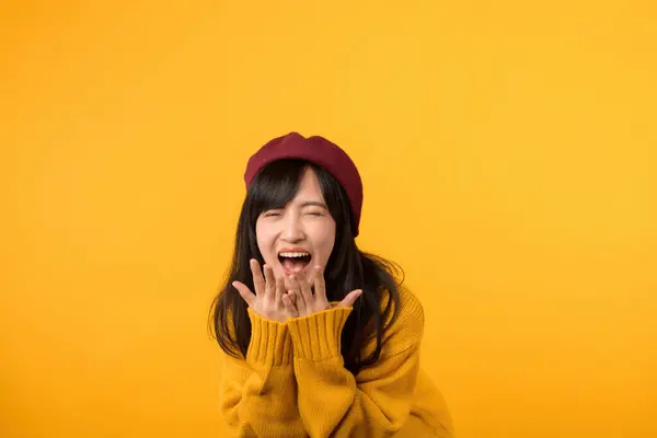Radiant Yellow Sweater Red Beret Young Asian Woman Laughs Sheer — Stock Photo, Image
