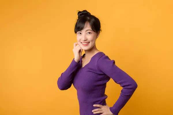 Portrait Young Cheerful Asian Woman Wearing Purple Shirt Happy Smile Stok Gambar Bebas Royalti
