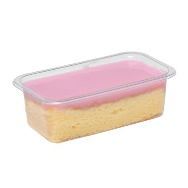 Rectangular pink cake in a plastic container isolated on white background, featuring a smooth and vibrant pink topping.. clipart