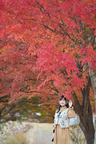 Japonya 'da canlı sonbahar yapraklarıyla çevrili Asyalı kadın, Fuji Dağı yakınlarındaki göl kenarında tatilin tadını çıkarıyor. Arkadaşlar, selfie 'ler ve neşeli bir portrede çekilen neşeli anlar..