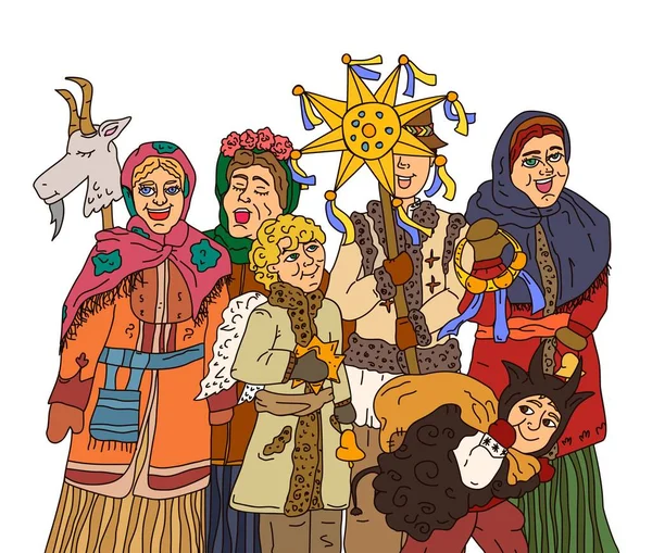 Μια Χορωδία Ανθρώπων Που Τραγουδούν Χριστουγεννιάτικους Ύμνους Μικρά Κάλαντα Παραδοσιακοί — Διανυσματικό Αρχείο