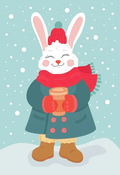 Різдвяна Листівка Кроликом Каву Рука Намальована — стоковий вектор