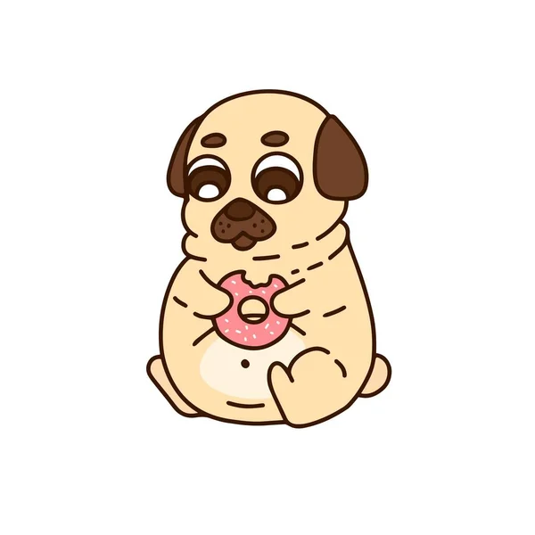 Cute Little Pug Eating Donut — Stock Vector