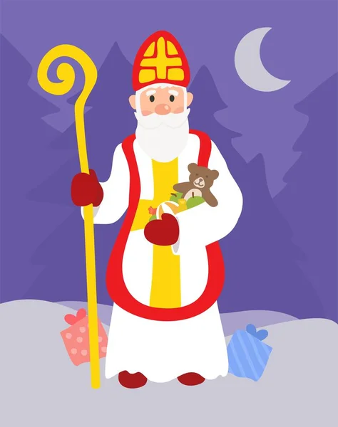 Saint Nicholas Pada Lanskap Musim Dingin Latar Belakang Malam Ungu - Stok Vektor