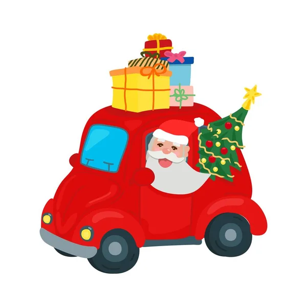 Санта Клаус Їде Червоній Машині Коробками Подарунків Даху — стоковий вектор