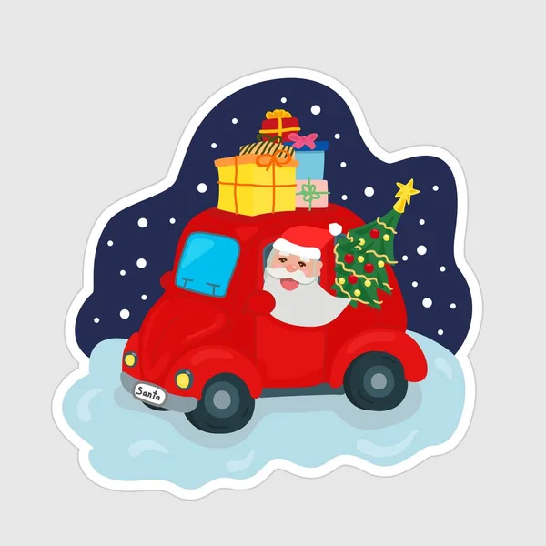 Joyeux Autocollant Noël Père Noël Apporte Des Cadeaux — Image vectorielle