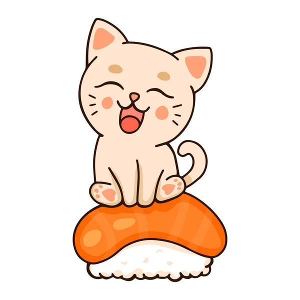 可愛い猫が干物のサーモンの上に腰を下ろしている 面白いイラスト — ストックベクタ