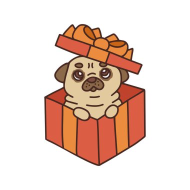 Hediye. Hediye kutusunda oturan sevimli bir köpek resmi..