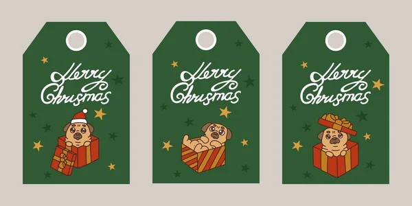 stock vector Christmas gift tags with handwritten calligraphy and cute pugs.