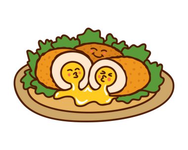 Traditional Ukrainian cuisine, breaded kiev cutlets. Cute character. 