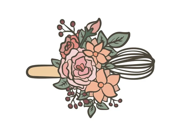 Logotyp För Bageri Illustration Visp Och Bukett Blommor — Stock vektor