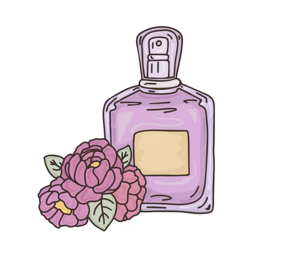 Perfume Bottle Peony Flowers Hand Drawn Vector Illustration Sketch — Stock Vector