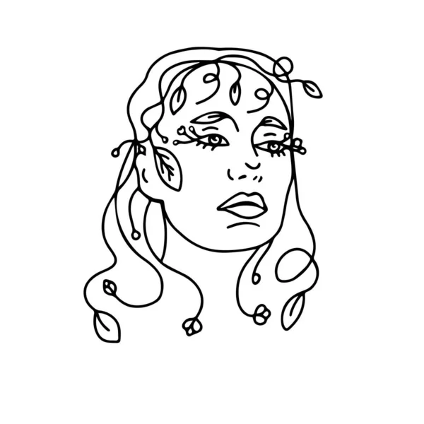 Konst Linje Teckning Kvinnas Ansikte Med Blommor Porträtt Vacker Flicka — Stock vektor