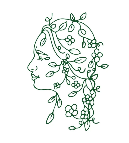 美しい女性と花の肖像画のライン ポスターに最適 — ストックベクタ