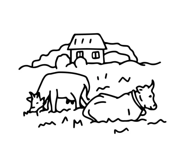 Малюнок Лінії Корови Лузі Ідеально Підходить Дизайну Рецепта Меню Доставки — стоковий вектор