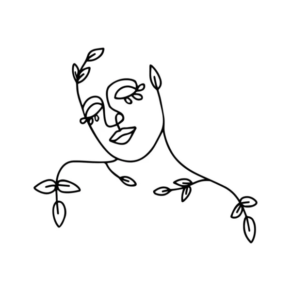 女性と葉の1行の肖像画 連続線アイコン — ストックベクタ