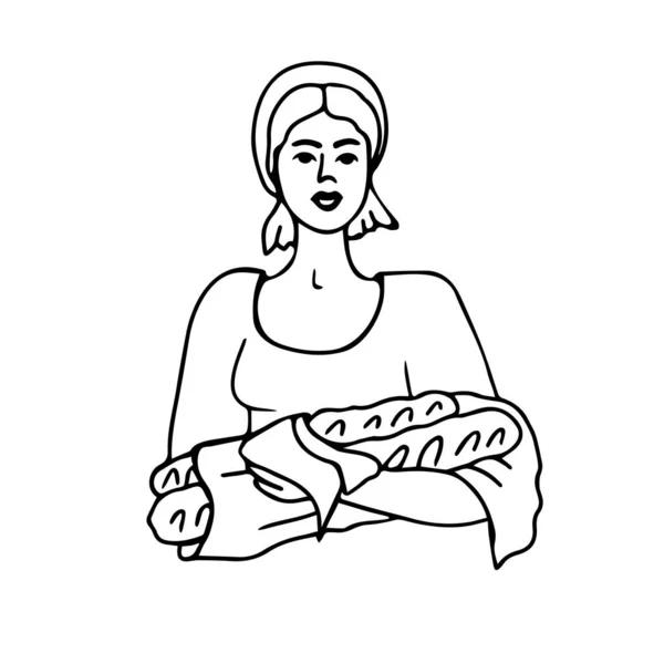 Žena Bagetami Přímá Ilustrace Izolováno Bílém Pozadí — Stockový vektor